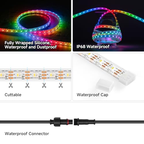 Image of BTF-LIGHTING SK6812(Similar WS2812B) RGBW RGB+Cool White(6000K) Individually Addressable DC12V 16.4FT 60LED /m 4 Colors in 1 Light Dream LED Strip IP68 White PCB(No Adapter or Controller)