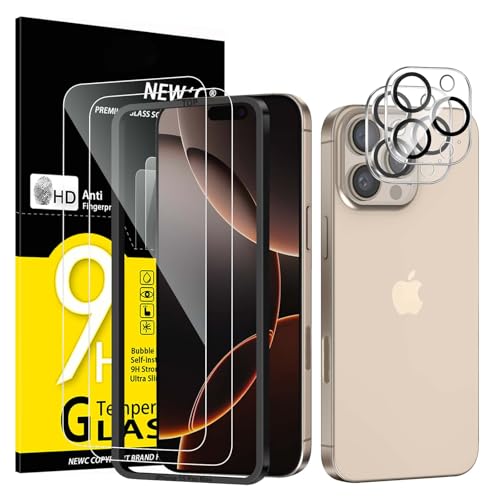 Image of NEW'C 2 Pack for iPhone 16 Pro Max Screen Protector (6.9 inches) + 2 Pack Camera Lens Protector, Sensor Protection, Case Friendly Tempered Glass Film - Easy installation tool included