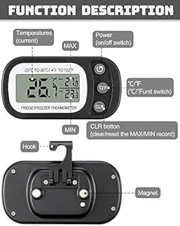 Frienda 12 Pack Black Digital Fridge Thermometer Waterproof Refrigerator and Freezer Room Max/min Record Function LCD Screen Refrigerator Thermometer with Hook and Magnetic Back for Home