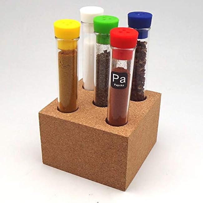 Spice Rack with plastic spice tube set, Set of 5 pieces empty Plastic Spice Jars/Bottles organized in Cork stand, soft silicone cap with holes.