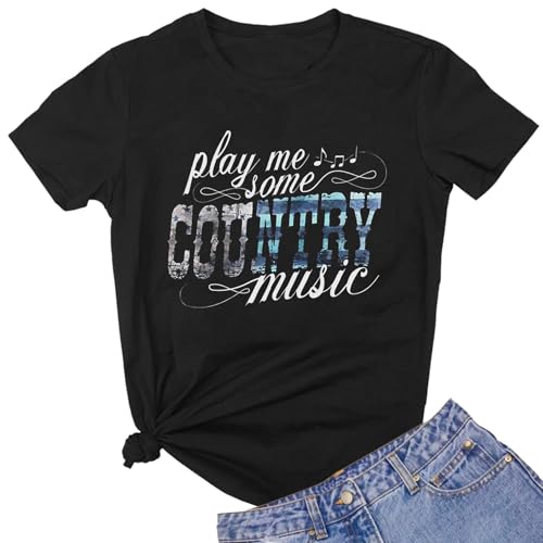 Women's Country Music Tee Rock Band T Shirts Retro Rock Music Pattern Tee Tops Round Neck Short Sleeved T Shirt (Medium, Black1)