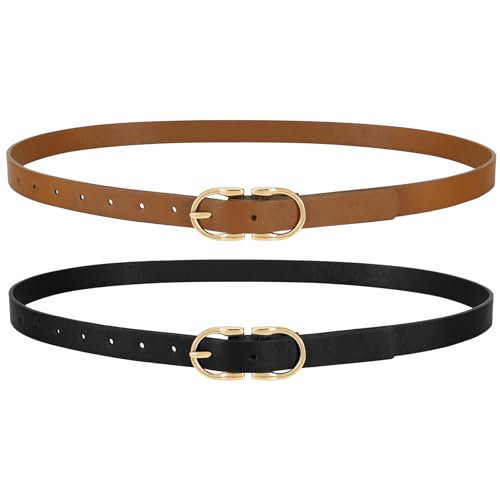 WERFORU 2Pack Thin Belts for Women Skinny Leather Belts for Jeans Pants Women Thin Leather Belt Black Belt with Gold Buckle/Silver Buckle,A-Black+brown-Gold,Fit Waist Size 45-49 Inches