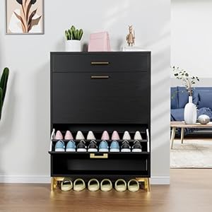 Shoe Cabinet with 2 Flip Drawers Shoe Organizer Barn Door Design Freestanding Shoe Cabinet Organizer for Entryway Foyer Hallway Black