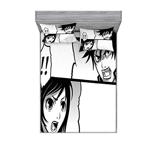 Ambesonne Anime Fitted Sheet & Pillow Sham Set, Japanese Comics Strip Boy and Girl Fight Scene Manga Image Cartoon Print, Decorative Printed 3 Piece Bedding Decor Set, Queen, White and Black