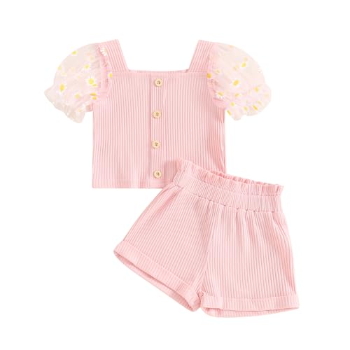 fhutpw Toddler Baby Girls Clothes Ribbed Knit Daisy Mesh Short Sleeve Crop Tops + Shorts 1T 2T 3T 4T 5T Summer Outfits