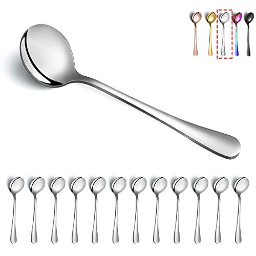 Cucharas de sopa, Kyraton 12 piezas de cucharas redondas de acero inoxidable, cuchara de cena, cuchara de mesa, cucharas, cubiertos, apto para lavavajillas, juego de 12