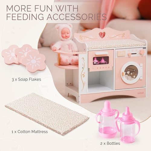 ROBUD Holzpuppen-Wickelstation, 4-in-1 Kleinkind-Puppen-Wickeltisch mit Waschmaschine & Flaschensterilisator, Aufbewahrung & Puppensitz, Puppenzubehör für Puppen unter 20\, Geschenk für Kinder Rosa