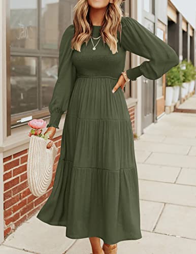 Zesica Women's 2023 Casual Long Sleeve Crew Neck High Waist Smocked Flowy Tiered Midi Dress,Armygreen,Small #TOP7