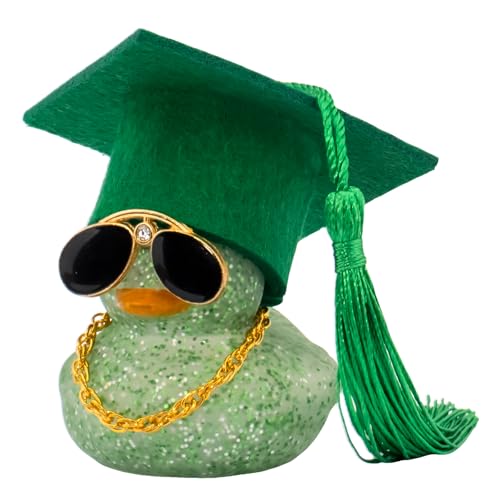 wonuu 2026 Colorful Car Ducks, Rubber Duck Car Dashboard Decorations Ornament Ducky with Graduation Hat, Glasses, Necklace, for Doctor, Master, Bachelor, Glitter Green
