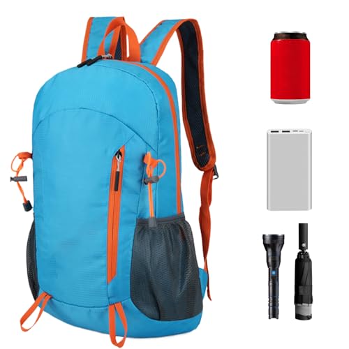 Vikbar reseryggsäck | Lätt vandringsryggsäck campingutrustning, vattentät unisex ryggsäck för vandring, cykling, resor, och fiske, Ljusblå, Consulte la descripción