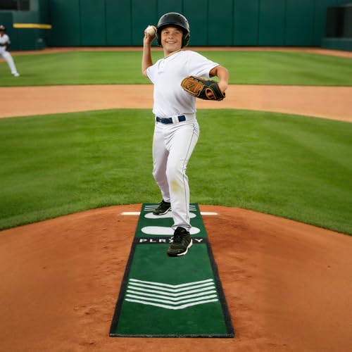 Softball Pitching Mat, Non-Slip Batting Training Mat, 54x12 Inch Wear-Resistant Hitting Practice Mat with Foot Placement Guide, Shock Absorbing Portable Baseball Trainer for Indoor Outdoor Use, Green