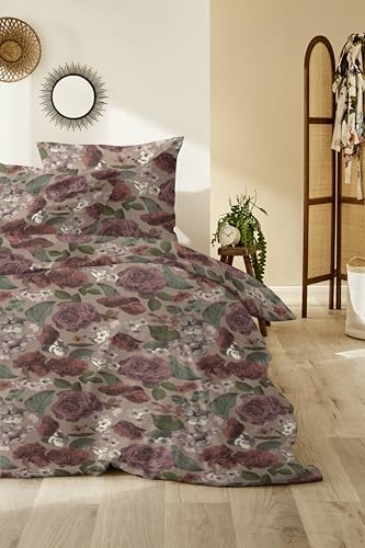 Primera Sempre Edel Flanell Bettwäsche 174141 Rosen Farbe: Taupe 135x200 und 80x80 cm