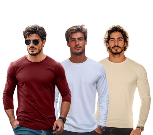 Image of Veirdo Pure Cotton Round Neck Regular Fit Solid Full Sleeve T-Shirt Pack of 3 Combo for Men (Colors: Swanwhite, Green, Navy, Black, Cork, White & Maroon)