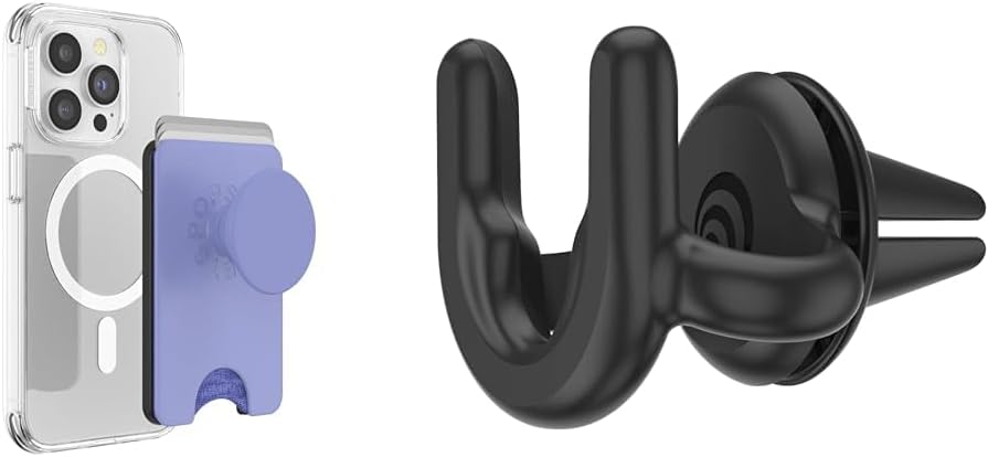 PopSockets Phone Wallet with Grip and Adapter Ring for MagSafe, Phone Card Holder Bundle with Car Vent Phone Mount - Deep Periwinkle and Black