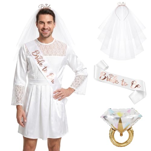 Mens Bride Costume for Adults Male Brides Outfit Funny Wedding Dress Fancy Dress Set with Veil Headband Bride to Be Sash Ring Stag Do Outfit Hen Do Costume Halloween Novelty Costume (Style A)