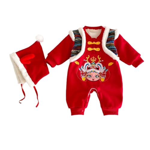 Barboteuse bébé Dragon Nouvel an Chinois en polaire rouge avec chapeau