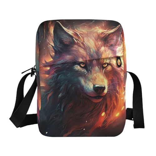 Crossbody Bag Fire Flame Wolf Animal Messenger Bag for Women Men Purse Shoulder Bag Satchel Bag with Adjustable Strap 214A4826