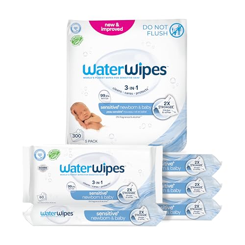Image of WaterWipes Sensitive+ Newborn & Baby Wipes, 3-In-1 Cleans, Cares, Protects, 99.9% Water, Unscented & Hypoallergenic, 300 Count (5 Packs)