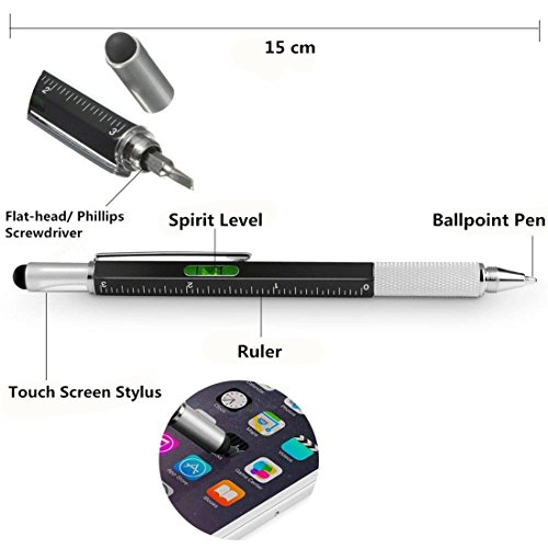 Multifunction Tool Pen, 6 in 1 Tool with Ballpoint Pen, Touch Screen Stylus, Ruler, Spirit Level, Flat-head and Phillips Screwdriver, All-in-One Tech-Tool Pen with Ink Refills (Black + 2×Refills)