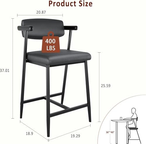Image of GarveeHome Bar Stools Set of 6 with Arms, 26 inch Modern 6-Piece Counter Height Metal Barstools Set with Back & Footrest, Upholstered Wider Seat, Sturdy Frame, for Counter Bar, Kitchen Island, Retro Black