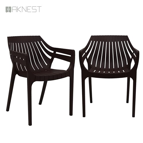 Image of OAKNEST Supreme Spectrum Plastic Arm Chair - Modern Slatted Stackable Chair for Living Room, Dining, Garden, Balcony, Restaurant & Cafe | Weatherproof Indoor Outdoor Designer Chair, Set of 2,G Brown