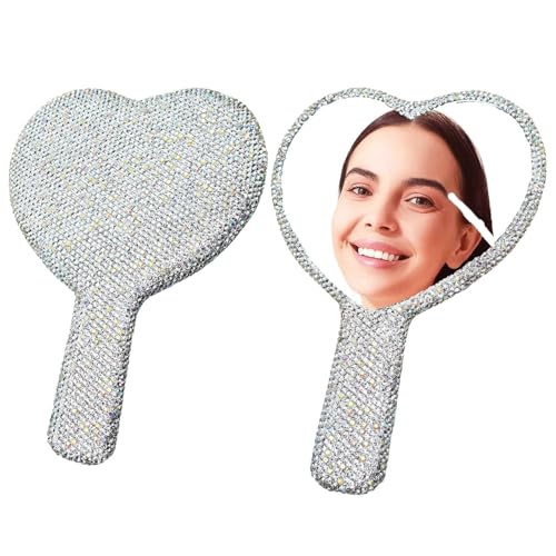 Frinnovan Rhinestone Heart Handheld Mirror Bling Glitter Cosmetic Dazzling Portable Hand Mirror with Handle for Women Wedding Party Square