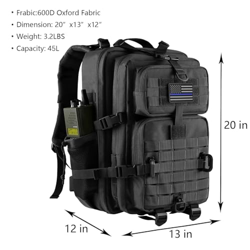 45L MOLLE Assault Backpack for Military & Camping: USA Flag Patch, 3-Day Pack, D-Rings, Black
Tactical Backpack with Bot