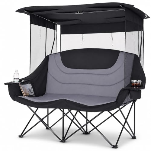 Slsy Oversized Double Camping Chair with Canopy Shade Loveseat Couch for 2 Person Heavy Duty Folding Lawn Chair Supports 660 lbs Portable for Beach Patio Backyard with Cup Holders & Carry Bag