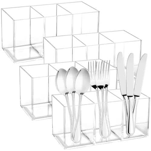 Milkary 4Pack Acrylic Cutlery Storage Organizer, Transparent Plastic Silverware Utensil Holder Cutlery Spoon and Fork Holder Caddy for Party Kitchen Countertop Organization Knife Tableware