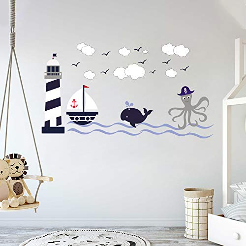 Nautical Theme - The Wonderful Sea World Sailor Children's Room Kids Room Baby Nursery Playroom Wall Decal Mural Vinyl Transfer Wall Art (Am) (Wide 40" X 22" Height) #TOP27