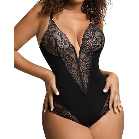 Popilush Shapewear Bodysuits for Women V Neck Sleeveless Lace Corset Tops Tummy Control Body Shaper Black M Cover