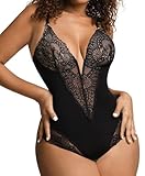 Popilush Corset Tops for Women Tummy Control Shapewear Black Lace Thong Bodysuit Backless Body Suit L