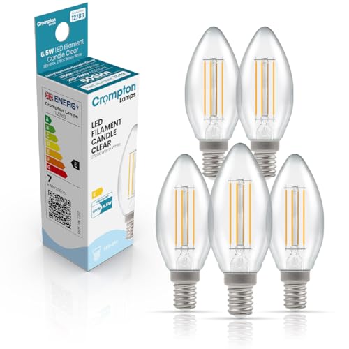 Crompton Lamps Filament Candle LED Light Bulb SES-E14 | 6.5W = 60W Equivalent | Warm White 2700K | Energy Efficient | Small Screw Lightbulb | Long Life 10000-Hrs | Clear Glass | 5-Pack