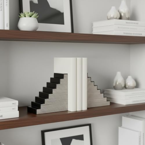 Sagebrook Home Striped Steps Bookends, Black and White - A Fusion of MDF and Resin Magic (Set of 2) by Sagebrook Home - Image 2