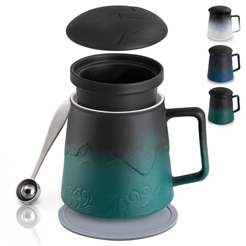PluieSoleil Tea Infuser Mug with Lid Porcelain Tea Mug Loose Leaf Tea Cup Handmade Forest Green 500ML
