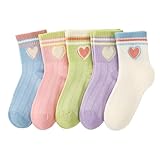 Utensilsto 5 Paar Mädchen Socken Tennissocken Kinder Sportsocken Mädchen Atmungsaktiv Kindersocken Laufsocken Baumwollesocken mit Herzen Streifen(3-5 Jahre)