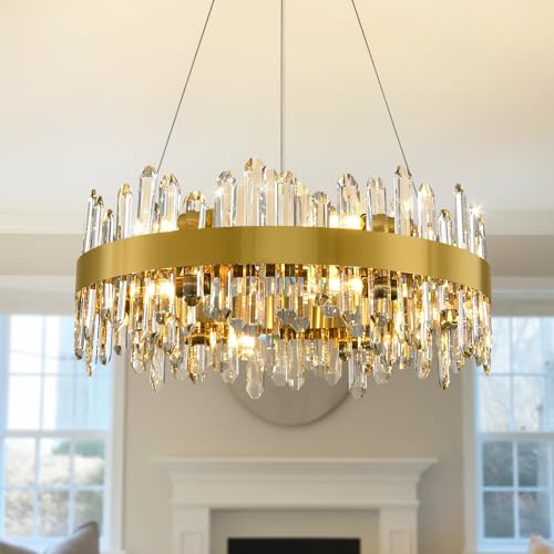 Modern Chandelier, 12-Lights 2 Tiers K9 Crystal Chandeliers for Dining Room, 24'' Gold Round Chandelier, Adjustable Chandeliers for Bedroom, Kitchen Island Pendant Lights Living Room