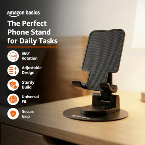 Image of amazon basics Mobile Stand 360Rotation for Desk, Stable Metalic Round Base, Portable Phone Holder, Tabletop Phone for Smartphones,Tablets,Kindles & for iPad
