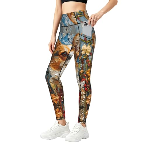 Mallas elásticas de Corgi y flores: pantalones deportivos de mujer con bolsillos para jardín