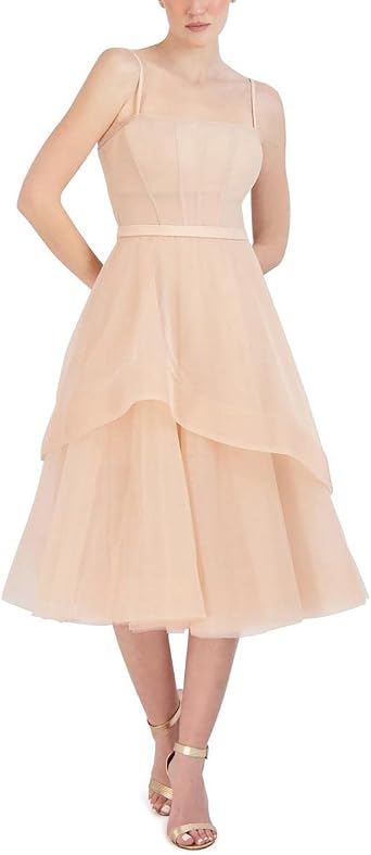 BCBGMAXAZRIA Women's Short Midi Evening Dress Fit and Flare Adjustable Spaghetti Straps Tiered Skirt Corset Bodice Dresses