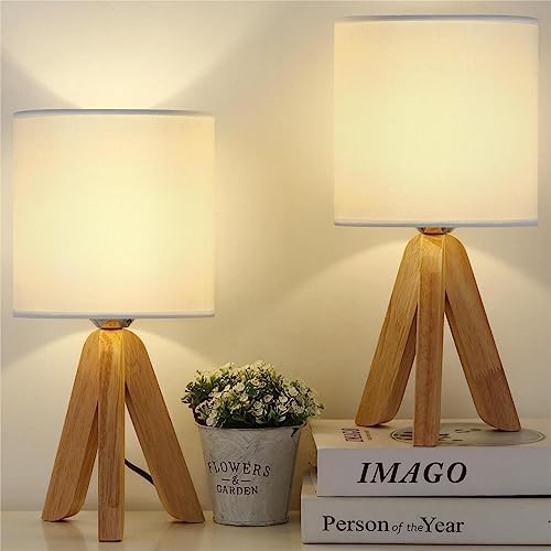 Bedside Table Lamps Set of 2, Cute Wooden Tripod Table Lamps Small Nightstand Lamp with Fabric Shade Modern Bedside Desk Lamp for Kids Room Bedroom Living Room Office College Dorm