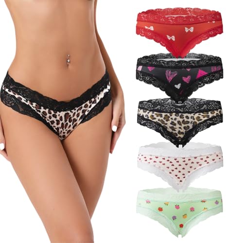 5-pack Sexy Lace-Trimmed Women's Low-Rise Panties - Leopard & Heart Print, Breathable Stylish Underwear