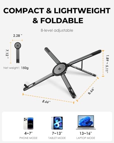 Image of Magnetic Phone Tripod Stand, 3-in-1 Adjustable Holder for iPhone iPad Laptop, 8-Level Height & Angle, Portable Aluminum Alloy Desktop Stand, Compatible with 4-13 inch iPhone, 10-16 inch Laptops & Tablets
