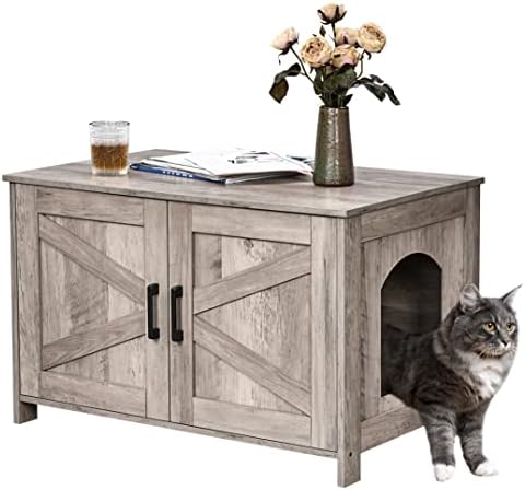 Homhedy Cat Litter Box Enclosure,Litter Box Furniture Hidden with Barn Door,Wooden Cat Washroom Furniture,Cat House,Fit Most of Litter Box, Greige