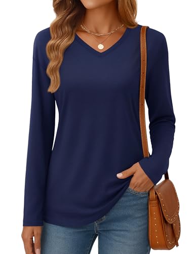 YUCOLEN Long Sleeve Shirts for Women Fall V Neck T Shirts Casual Solid Color Loose Fit Basic Tees Breathable Tops