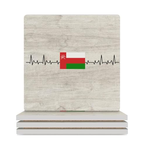 Lot de 4 sous-verres en céramique avec motif de battements de cœur et drapeau de l'Oman pour la protection de table, décoration de table basse pour la maison et la cuisine
