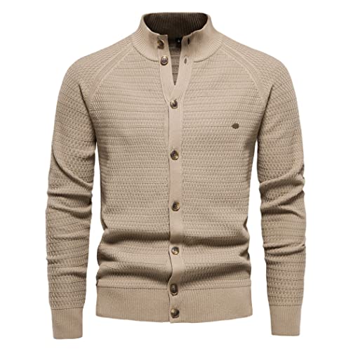 Cardigan tricoté en coton de qualité supérieure à col montant masculin kaki