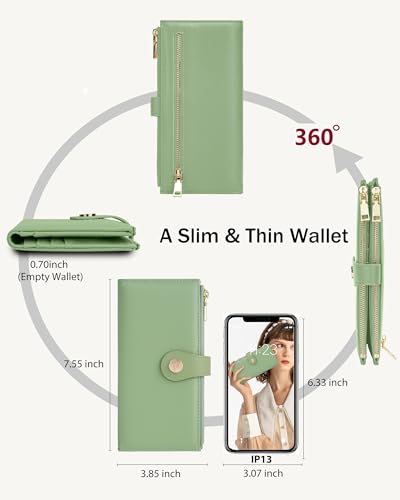 Image of Green Women's Slim Wallet,Thin RFID Card Holder with Zipper Pocket | 12 Slot Wallet Organizer, Large Capacity, Vegan Leather, Coin Purse, Cash Compartment, Travel Wallet, Women Gift
