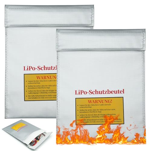 LiPo Akku Sicherheitstasche Feuerfest & Wasserdicht 2 Stück 18 × 22 5 cm Lipo Safe Bag mit Deutscher Warnbeschriftung Brandschutz Tasche für Akkus & Batterien