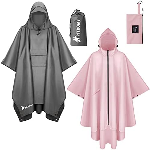 PTEROMY Hooded Rain Poncho with Pocket+Hooded Rain Poncho with Pocket and Zipper